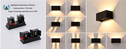 On voit le montage interne des plaques de direction d'éclairage de l'applique murale | Luminescence 24 watts et à côté de cette image 9 encarts présentant différentes configurations de projections d'éclairages obtenues. 